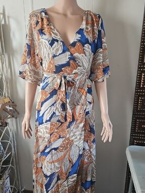 Source Unknown Blue, Tan and White Floral Wrap Maxi Dress